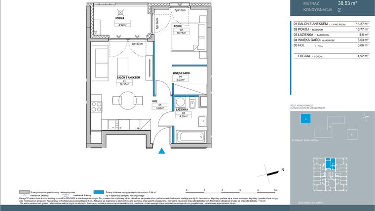 Rzut - Mieszkanie na sprzedaż 2 pokoje o powierzchni 38,53 m² - numer C.2.02 w Nordic Bemowo - etap IV