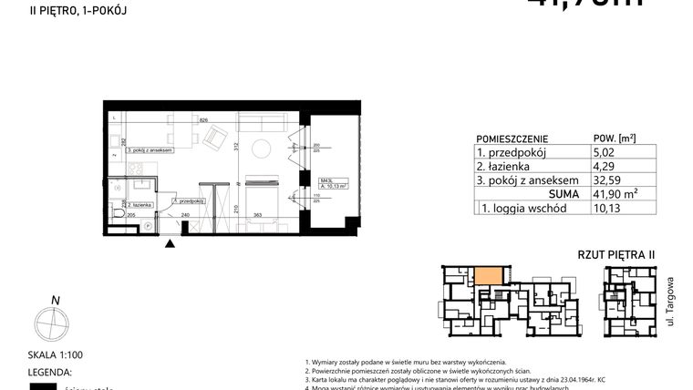 Rzut - Mieszkanie na sprzedaż 1 pokój o powierzchni 41,9 m² - numer M43 w Finezja