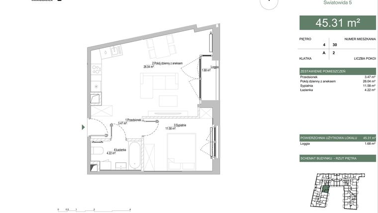 Rzut - Mieszkanie na sprzedaż 2 pokoje o powierzchni 45,31 m² - numer A.04.01 w IKONA Światowida 5