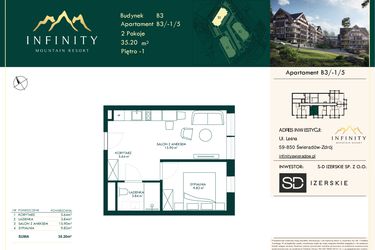 Rzut - Mieszkanie na sprzedaż 2 pokoje o powierzchni 35,2 m² - numer B3.-1.5 w Infinity Mountain Resort
