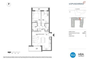 Rzut - Mieszkanie na sprzedaż 3 pokoje o powierzchni 67,97 m² - numer J.1.1 w Łopuszańska 47 - etap 3