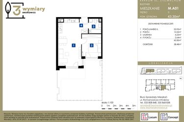 Rzut - Mieszkanie na sprzedaż 2 pokoje o powierzchni 43,3 m² - numer M.A01 w 3 Wymiary Bronowice
