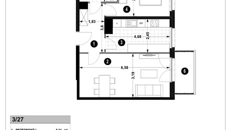 Rzut - Mieszkanie na sprzedaż 2 pokoje o powierzchni 54,44 m² - numer 3A.3/27 w Nowa Winnica