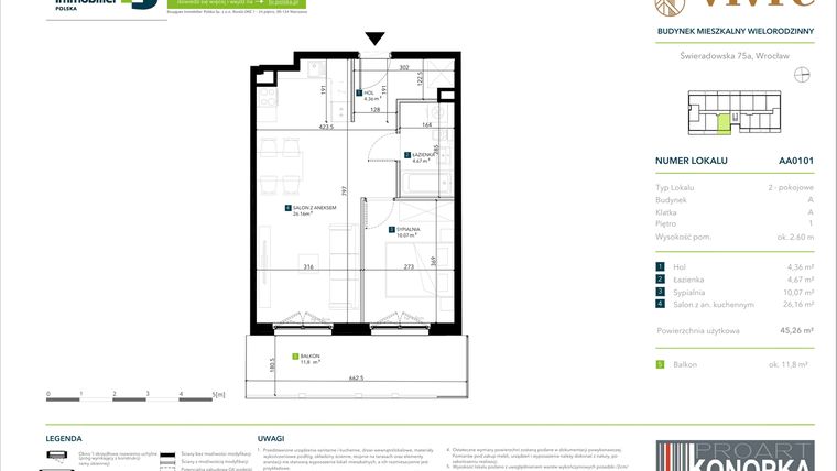 Rzut - Mieszkanie na sprzedaż 2 pokoje o powierzchni 45,26 m² - numer AA0101 w Vivre