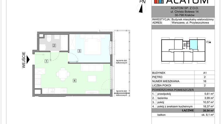 Rzut - Mieszkanie na sprzedaż 2 pokoje o powierzchni 38,54 m² - numer A1.16 w Wawer Go 2.0