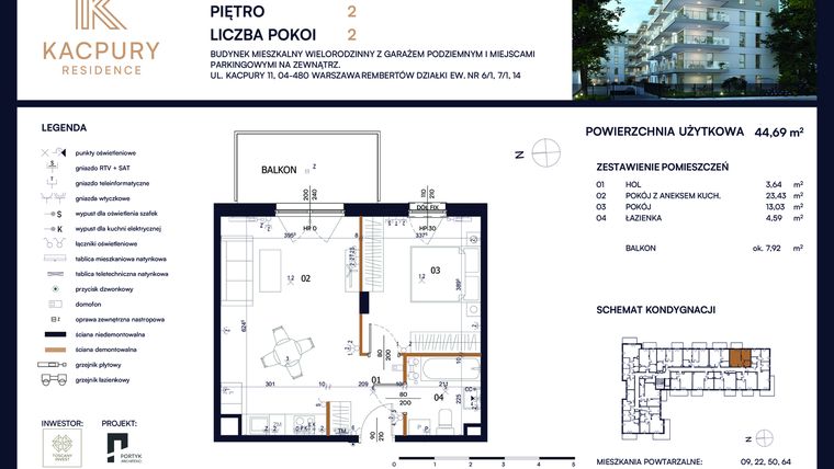 Rzut - Mieszkanie na sprzedaż 2 pokoje o powierzchni 44,69 m² - numer M36 w Kacpury Residence