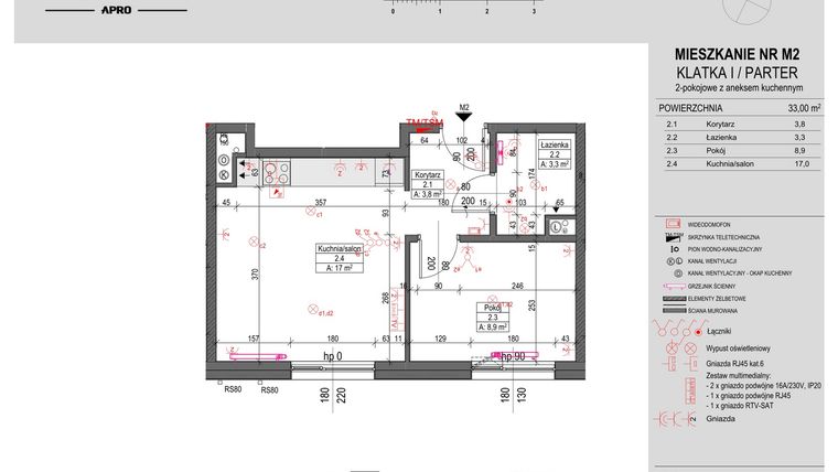 Rzut - Mieszkanie na sprzedaż 2 pokoje o powierzchni 33 m² - numer M2 w Antczaka 46