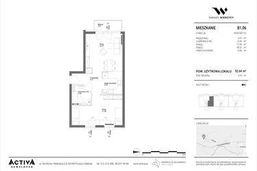 Rzut - Mieszkanie na sprzedaż 2 pokoje o powierzchni 52,64 m² - numer B1.06 w Tarasy Wierzycy