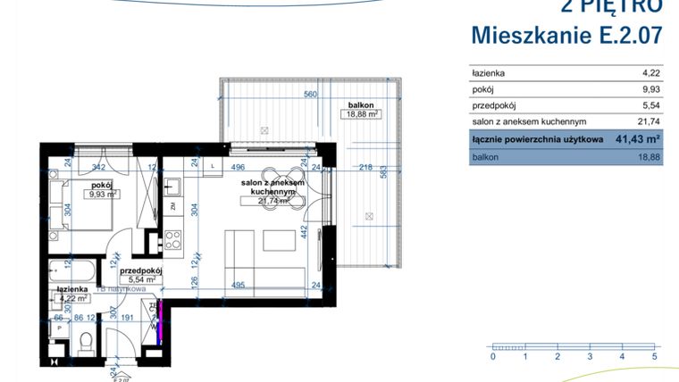 Rzut - Mieszkanie na sprzedaż 2 pokoje o powierzchni 41,43 m² - numer E.2.07 w Wzgórze Poetów 2