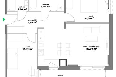 Rzut - Mieszkanie na sprzedaż 3 pokoje o powierzchni 69,68 m² - numer B1-10 w Forma Otwarta etap II