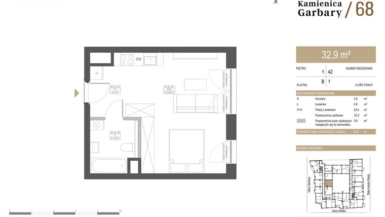 Rzut - Mieszkanie na sprzedaż 1 pokój o powierzchni 32,9 m² - numer 42 w Garbary 68