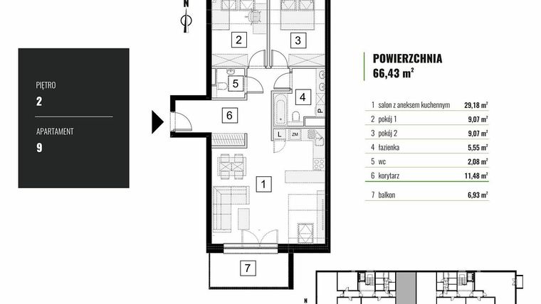 Rzut - Mieszkanie na sprzedaż 3 pokoje o powierzchni 66,43 m² - numer M.09 w Zielony Horyzont