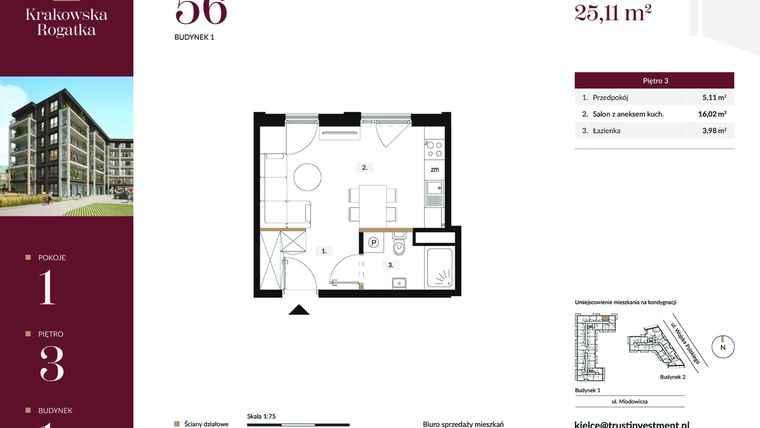 Rzut - Mieszkanie na sprzedaż 1 pokój o powierzchni 25,11 m² - numer 1.M56 w Krakowska Rogatka