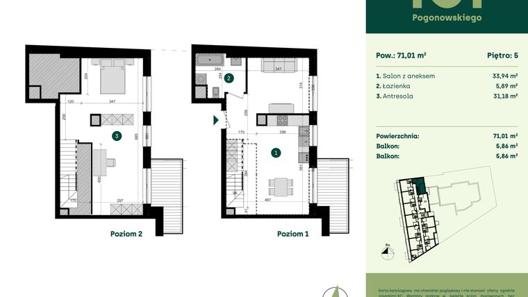 Rzut - Mieszkanie na sprzedaż 1 pokój o powierzchni 71,01 m² - numer POGO2/A/6K w Pogonowskiego 52