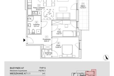 Rzut - Mieszkanie na sprzedaż 3 pokoje o powierzchni 61,39 m² - numer A7.1.1(N) w Zacisze Marcelin IIIa