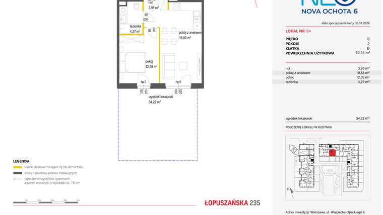 Rzut - Mieszkanie na sprzedaż 2 pokoje o powierzchni 40,14 m² - numer 64 w Neo Nova Ochota 6