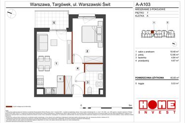 Rzut - Mieszkanie na sprzedaż 2 pokoje o powierzchni 40,65 m² - numer A-A103 w Warszawski Świt etap VII