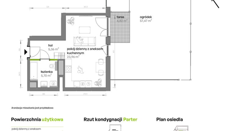 Rzut - Mieszkanie na sprzedaż 1 pokój o powierzchni 35,02 m² - numer AA0001 w Ptasia Vita