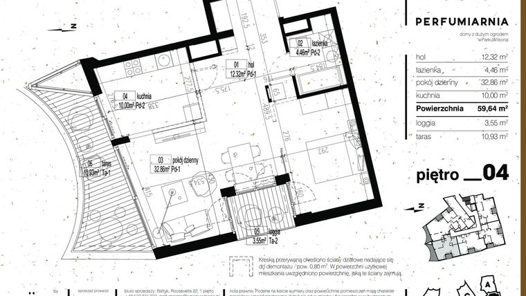Rzut - Mieszkanie na sprzedaż 1 pokój o powierzchni 59,64 m² - numer B.05.04 w Perfumiarnia w Parku Wilsona