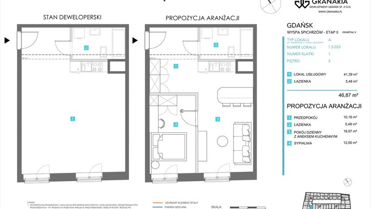 Rzut - Mieszkanie na sprzedaż 1 pokój o powierzchni 46,87 m² - numer 1.3.033 w Granaria