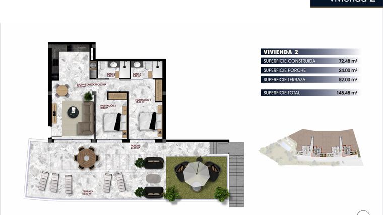Rzut - Mieszkanie na sprzedaż 2 pokoje o powierzchni 148,48 m² - numer 1-2 w Apartamenty w Finestrat - 21218226