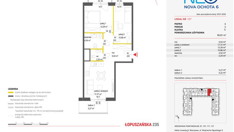 Rzut - Mieszkanie na sprzedaż 3 pokoje o powierzchni 56,81 m² - numer 127 w Neo Nova Ochota 6