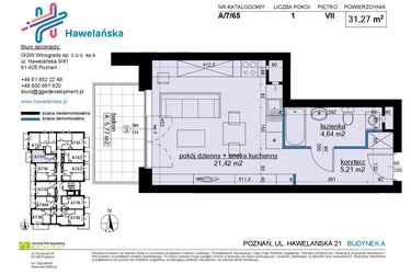 Rzut - Mieszkanie na sprzedaż 1 pokój o powierzchni 31,37 m² - numer A/7/65 w Osiedle Hawelańska etap III - bud. A
