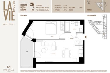 Rzut - Mieszkanie na sprzedaż 2 pokoje o powierzchni 45,84 m² - numer 26 w La Vie House