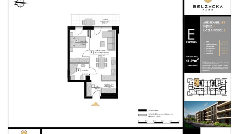 Rzut - Mieszkanie na sprzedaż 2 pokoje o powierzchni 41,29 m² - numer E.153 w Belzacka Park etap III