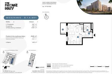 Rzut - Mieszkanie na sprzedaż 1 pokój o powierzchni 29,55 m² - numer B.1.4.M51 w Nowe Promenady etap II
