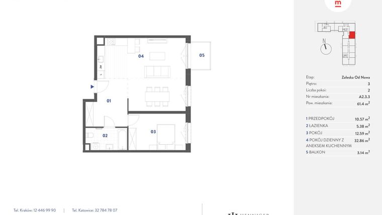 Rzut - Mieszkanie na sprzedaż 2 pokoje o powierzchni 61,4 m² - numer A2.3.3 w Mieszkaj w Mieście - Załęska od Nowa