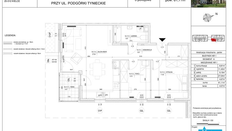 Rzut - Mieszkanie na sprzedaż 3 pokoje o powierzchni 61,11 m² - numer A1 w Podgórki Tynieckie