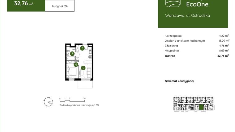 Rzut - Mieszkanie na sprzedaż 2 pokoje o powierzchni 32,76 m² - numer 2.A.2.12 w Murapol EcoOne