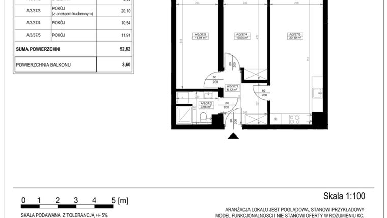 Rzut - Mieszkanie na sprzedaż 3 pokoje o powierzchni 52,62 m² - numer A-3-37 w Zamieszkaj na Rudawskiej 5