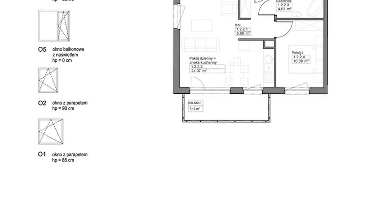 Rzut - Mieszkanie na sprzedaż 2 pokoje o powierzchni 44,97 m² - numer A.1.2.2 w Optima VIII