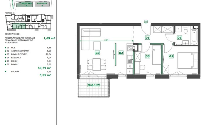 Rzut - Mieszkanie na sprzedaż 3 pokoje o powierzchni 55,43 m² - numer A.3.5 w Apartamenty Pszczyńska