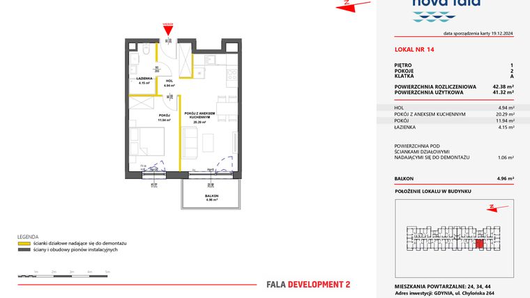 Rzut - Mieszkanie na sprzedaż 2 pokoje o powierzchni 42,38 m² - numer 14 w Miasteczko Nova Fala