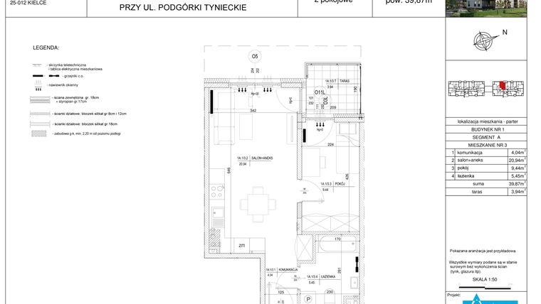 Rzut - Mieszkanie na sprzedaż 2 pokoje o powierzchni 39,87 m² - numer A3 w Podgórki Tynieckie
