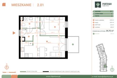 Rzut - Mieszkanie na sprzedaż 2 pokoje o powierzchni 39,7 m² - numer M.02.01 w Casa Feliz Portowa II