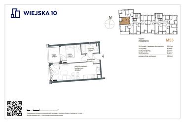 Rzut - Mieszkanie na sprzedaż 2 pokoje o powierzchni 36,94 m² - numer 53 w Wiejska 10