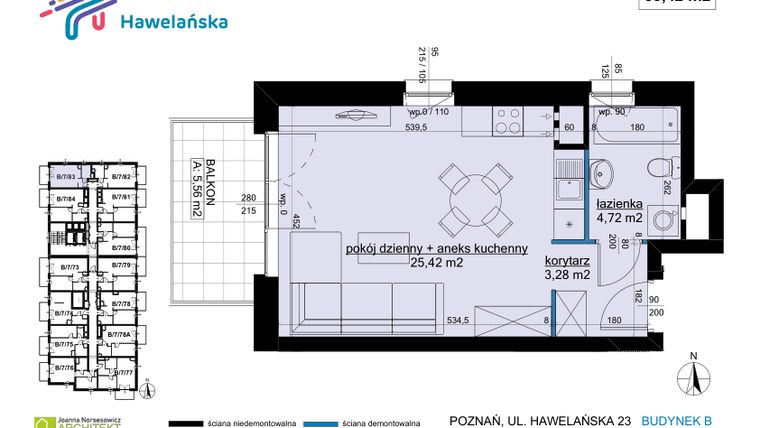 Rzut - Mieszkanie na sprzedaż 1 pokój o powierzchni 33,42 m² - numer B/7/83 w Osiedle Hawelańska etap III - bud. B