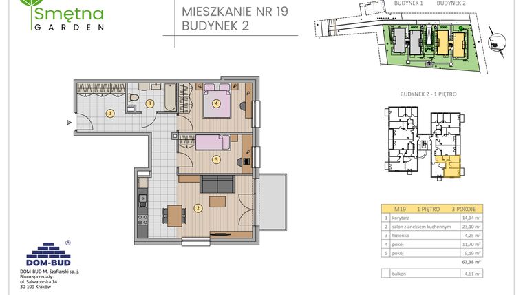 Rzut - Mieszkanie na sprzedaż 3 pokoje o powierzchni 62,38 m² - numer 19 w Smętna Garden