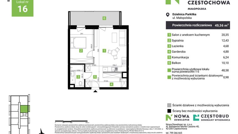 Rzut - Mieszkanie na sprzedaż 2 pokoje o powierzchni 49,56 m² - numer D16 w Nowa Częstochowa Małopolska etap II