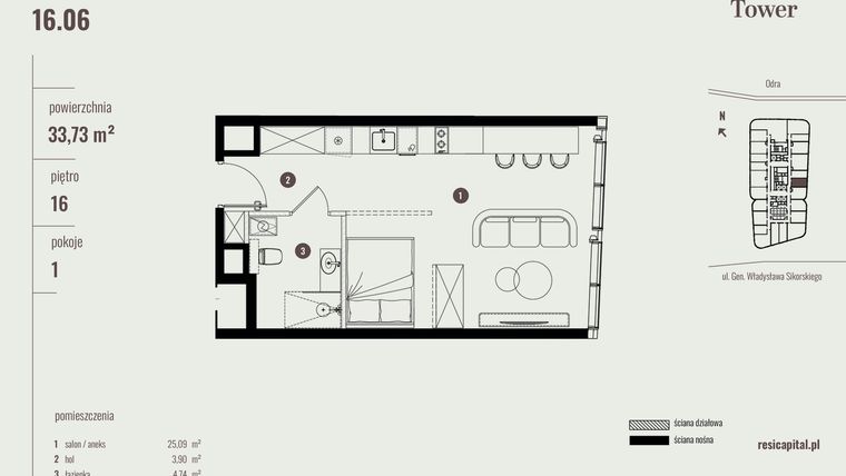 Rzut - Mieszkanie na sprzedaż 1 pokój o powierzchni 33,73 m² - numer 16.06 w Quorum Tower