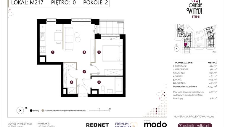 Rzut - Mieszkanie na sprzedaż 2 pokoje o powierzchni 43,84 m² - numer M217 w Osiedle Witaj etap II