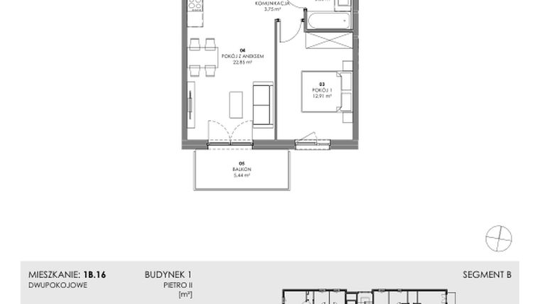 Rzut - Mieszkanie na sprzedaż 2 pokoje o powierzchni 44,51 m² - numer 1B.16 w Akacjowa Wita