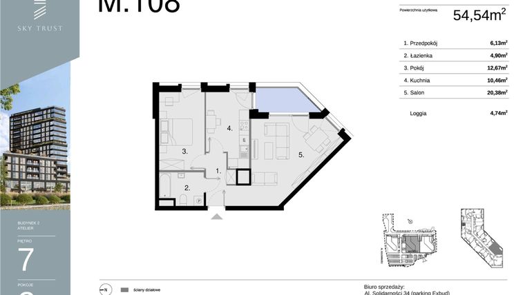 Rzut - Mieszkanie na sprzedaż 2 pokoje o powierzchni 54,54 m² - numer M108 w Sky Trust etap II