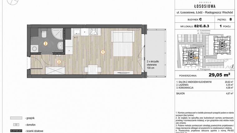 Rzut - Mieszkanie na sprzedaż 1 pokój o powierzchni 29,26 m² - numer 82 w Osiedle Łososiowa