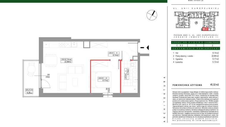 Rzut - Mieszkanie na sprzedaż 2 pokoje o powierzchni 45,32 m² - numer C093 w Grunwald Między Drzewami etap III
