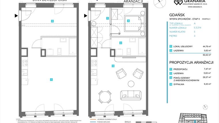 Rzut - Mieszkanie na sprzedaż 1 pokój o powierzchni 50,42 m² - numer 5.3.214 w Granaria